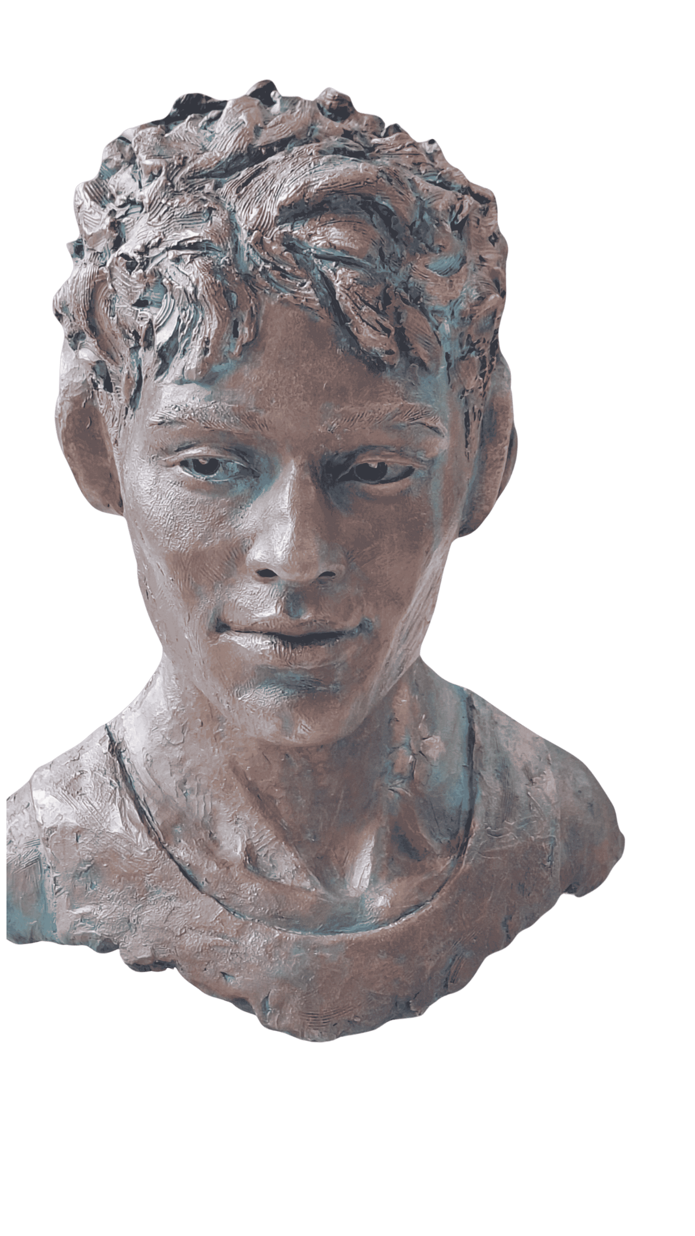 Bronze bust of a young man with wavy hair, facing forward, against a black background.