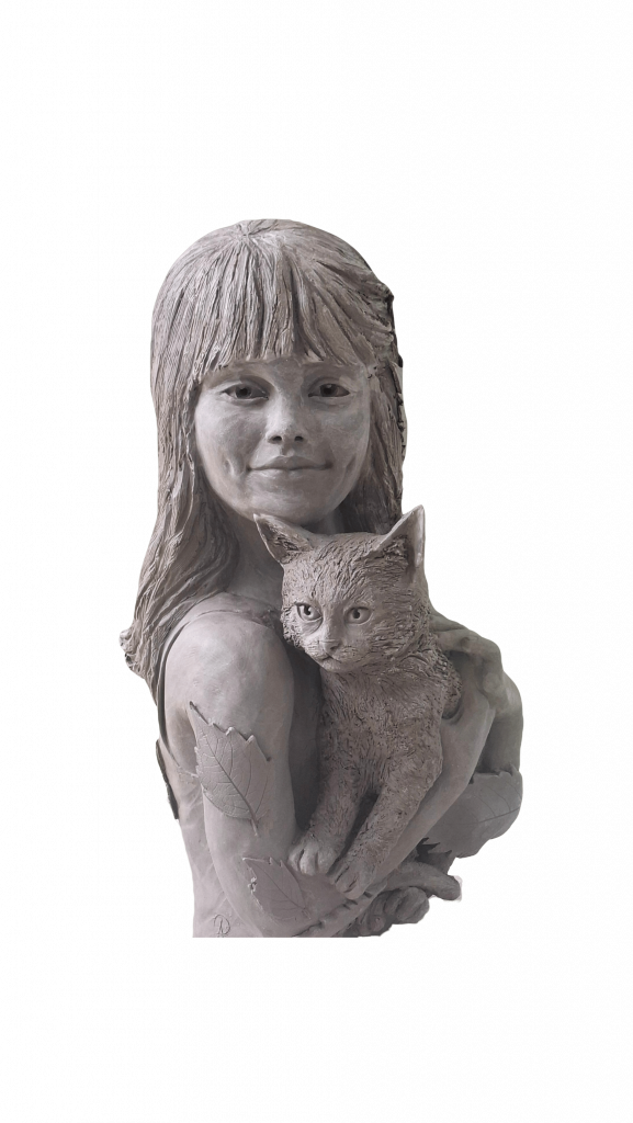 Gray clay statue of a girl embracing a cat, with detailed textured hair and foliage on her arm.